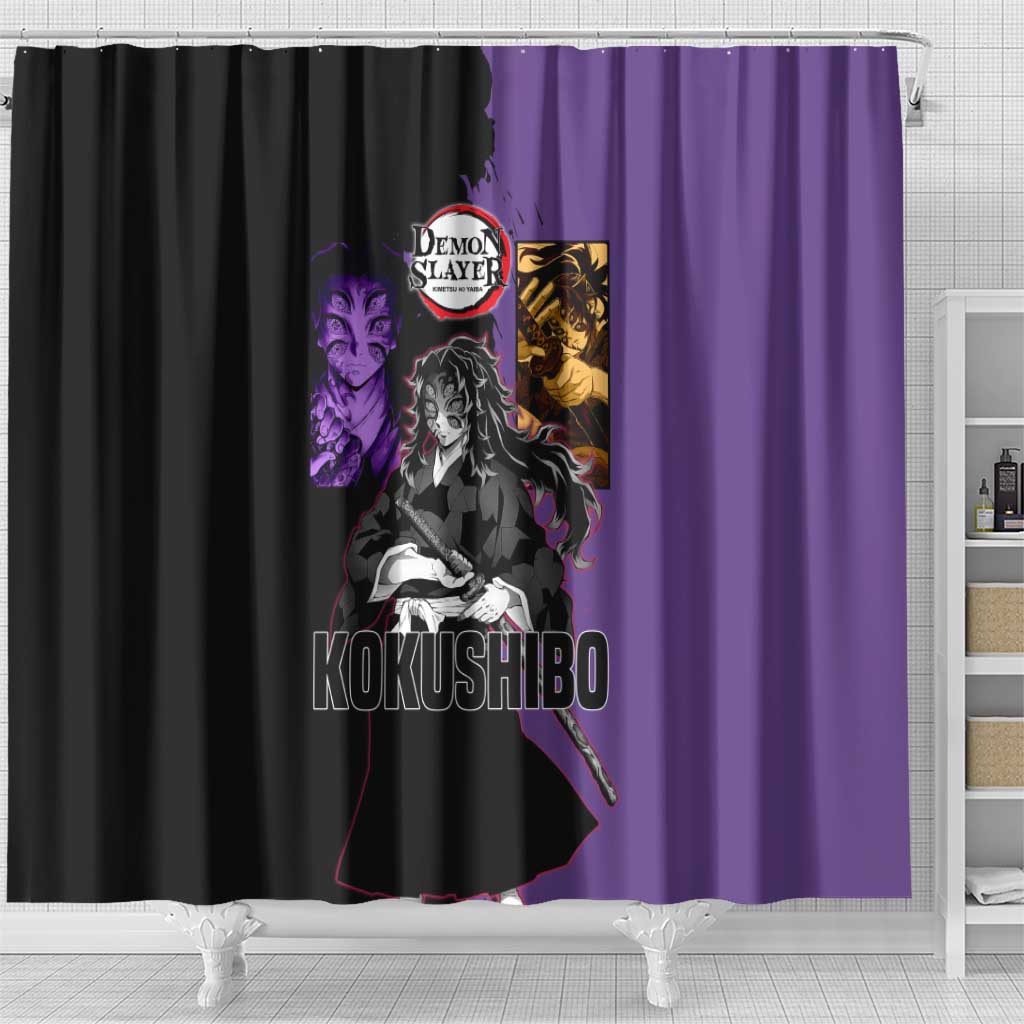 Kokushibo from Demon Slayer Shower Curtain with Purple and Black Split Background and Sword Draw Manga Style Design - The Mazicc