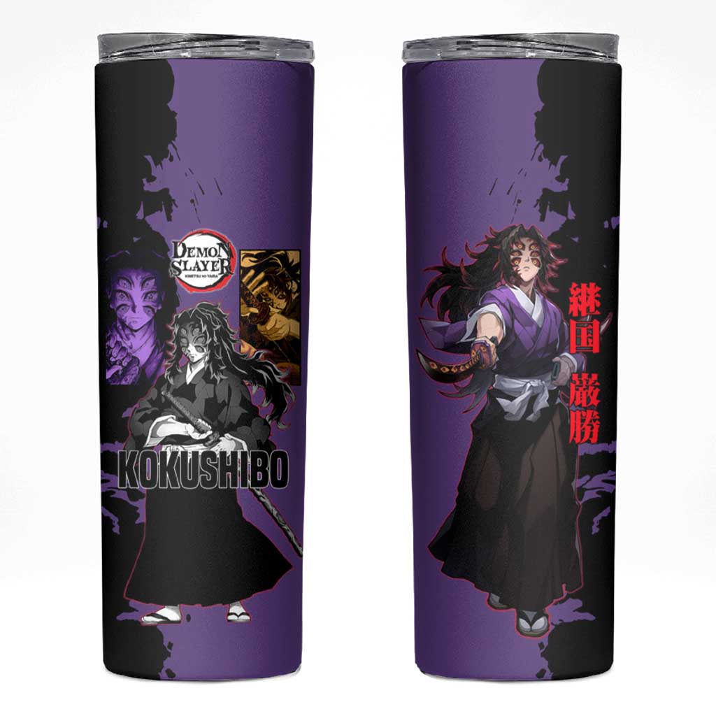 Kokushibo from Demon Slayer Skinny Tumbler with Purple and Black Split Background and Sword Draw Manga Style Design - The Mazicc