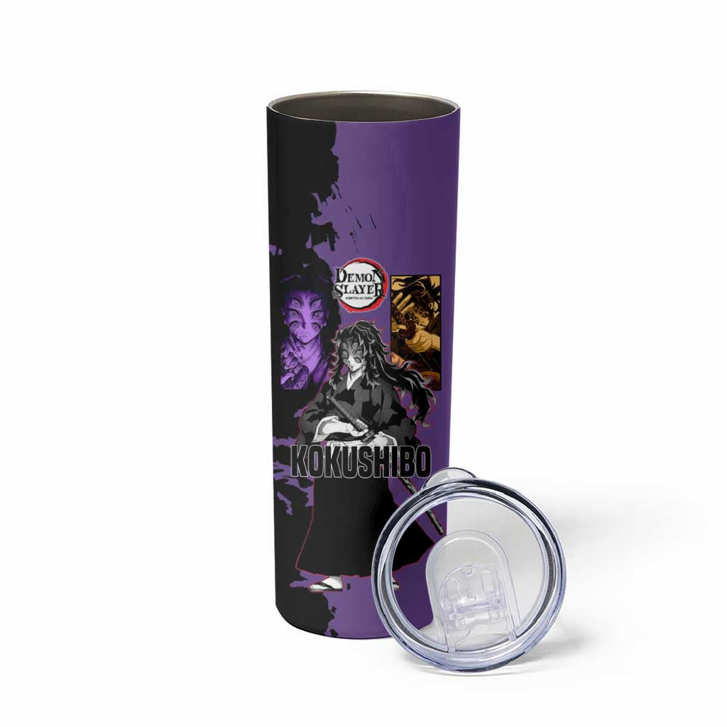 Kokushibo from Demon Slayer Skinny Tumbler with Purple and Black Split Background and Sword Draw Manga Style Design - The Mazicc
