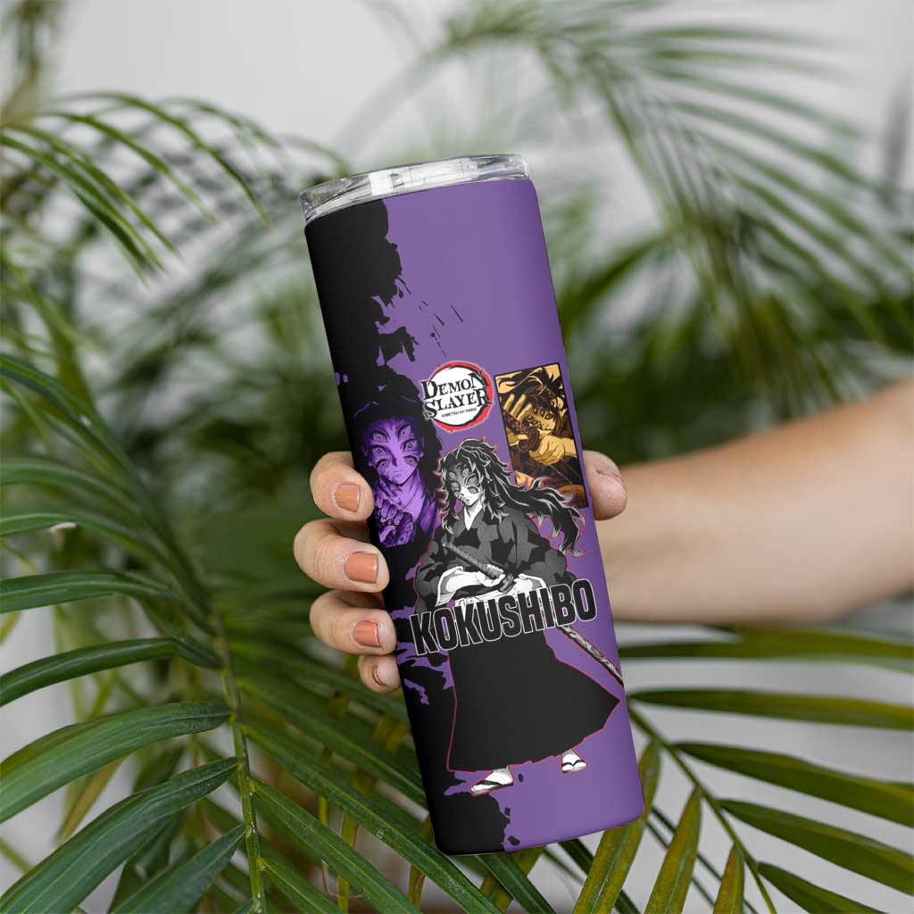 Kokushibo from Demon Slayer Skinny Tumbler with Purple and Black Split Background and Sword Draw Manga Style Design - The Mazicc