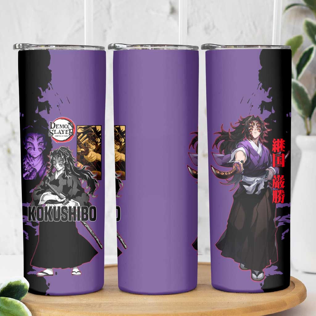 Kokushibo from Demon Slayer Skinny Tumbler with Purple and Black Split Background and Sword Draw Manga Style Design - The Mazicc