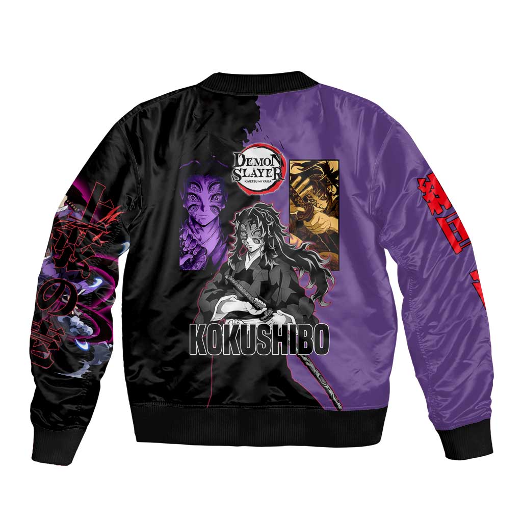 Kokushibo from Demon Slayer Sleeve Zip Bomber Jacket with Purple and Black Split Background and Sword Draw Manga Style Design - The Mazicc