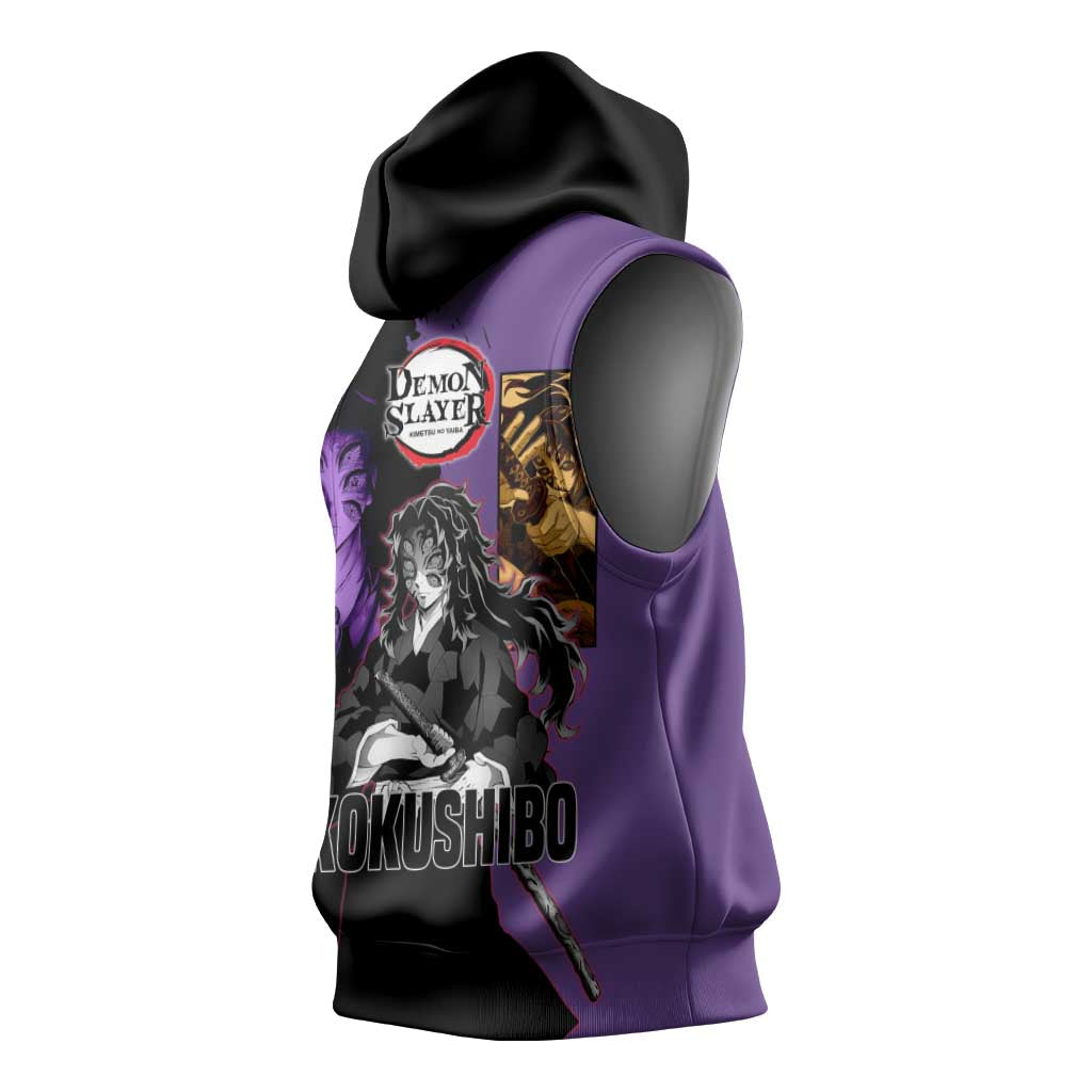 Kokushibo from Demon Slayer Sleeveless Hoodie with Purple and Black Split Background and Sword Draw Manga Style Design - The Mazicc