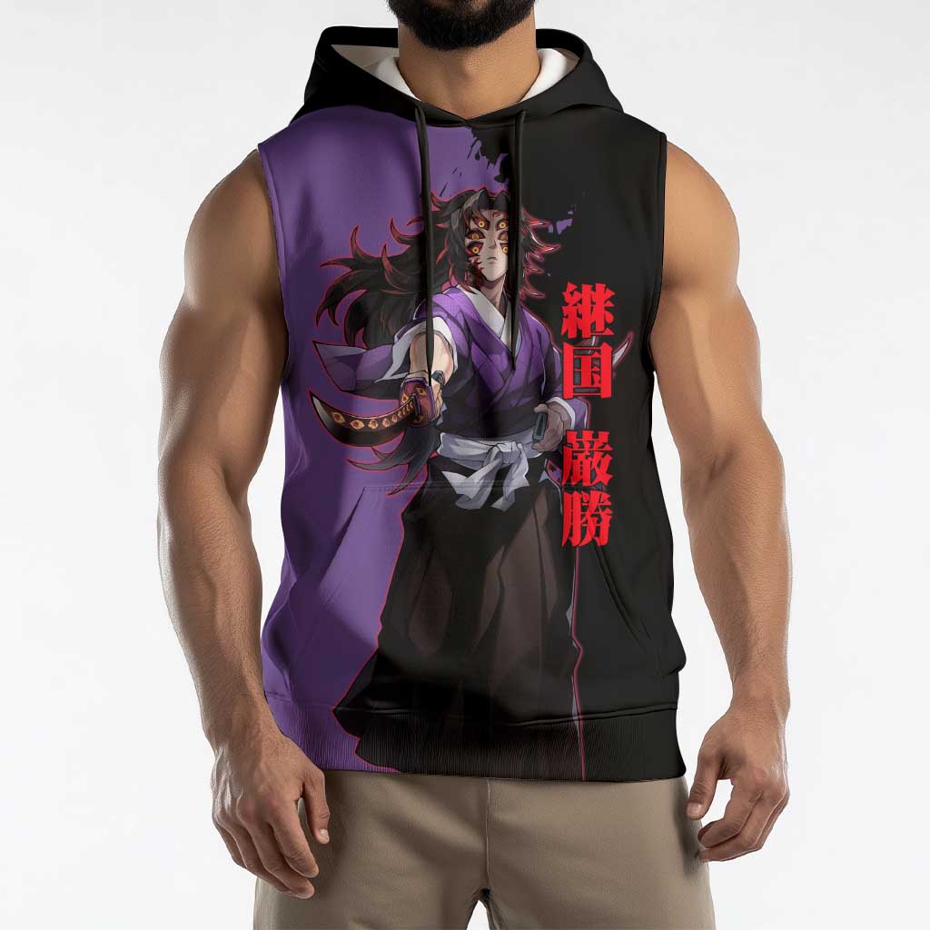 Kokushibo from Demon Slayer Sleeveless Hoodie with Purple and Black Split Background and Sword Draw Manga Style Design - The Mazicc