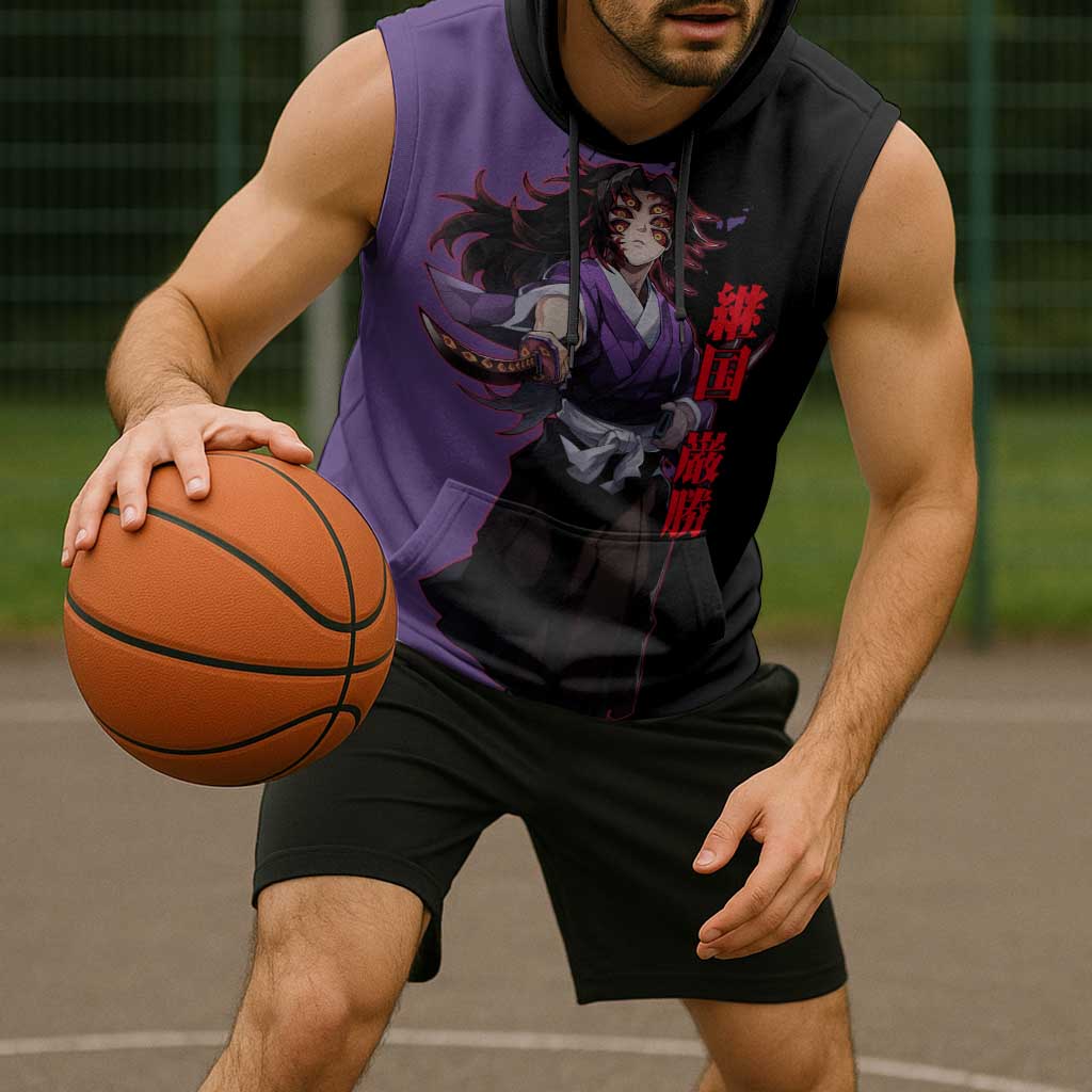 Kokushibo from Demon Slayer Sleeveless Hoodie with Purple and Black Split Background and Sword Draw Manga Style Design - The Mazicc