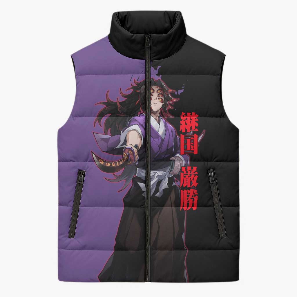 Kokushibo from Demon Slayer Sleeveless Puffer Jacket with Purple and Black Split Background and Sword Draw Manga Style Design - The Mazicc