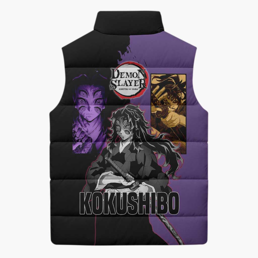 Kokushibo from Demon Slayer Sleeveless Puffer Jacket with Purple and Black Split Background and Sword Draw Manga Style Design - The Mazicc