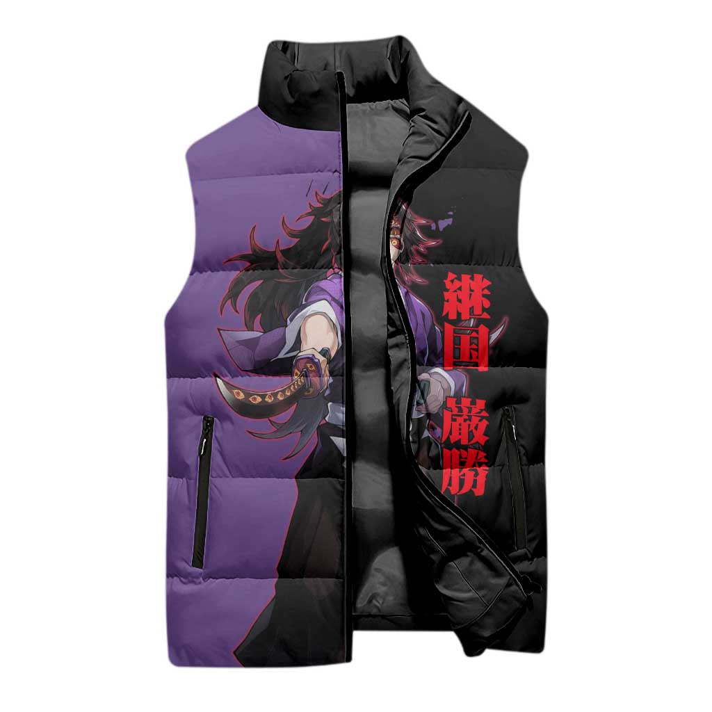 Kokushibo from Demon Slayer Sleeveless Puffer Jacket with Purple and Black Split Background and Sword Draw Manga Style Design - The Mazicc