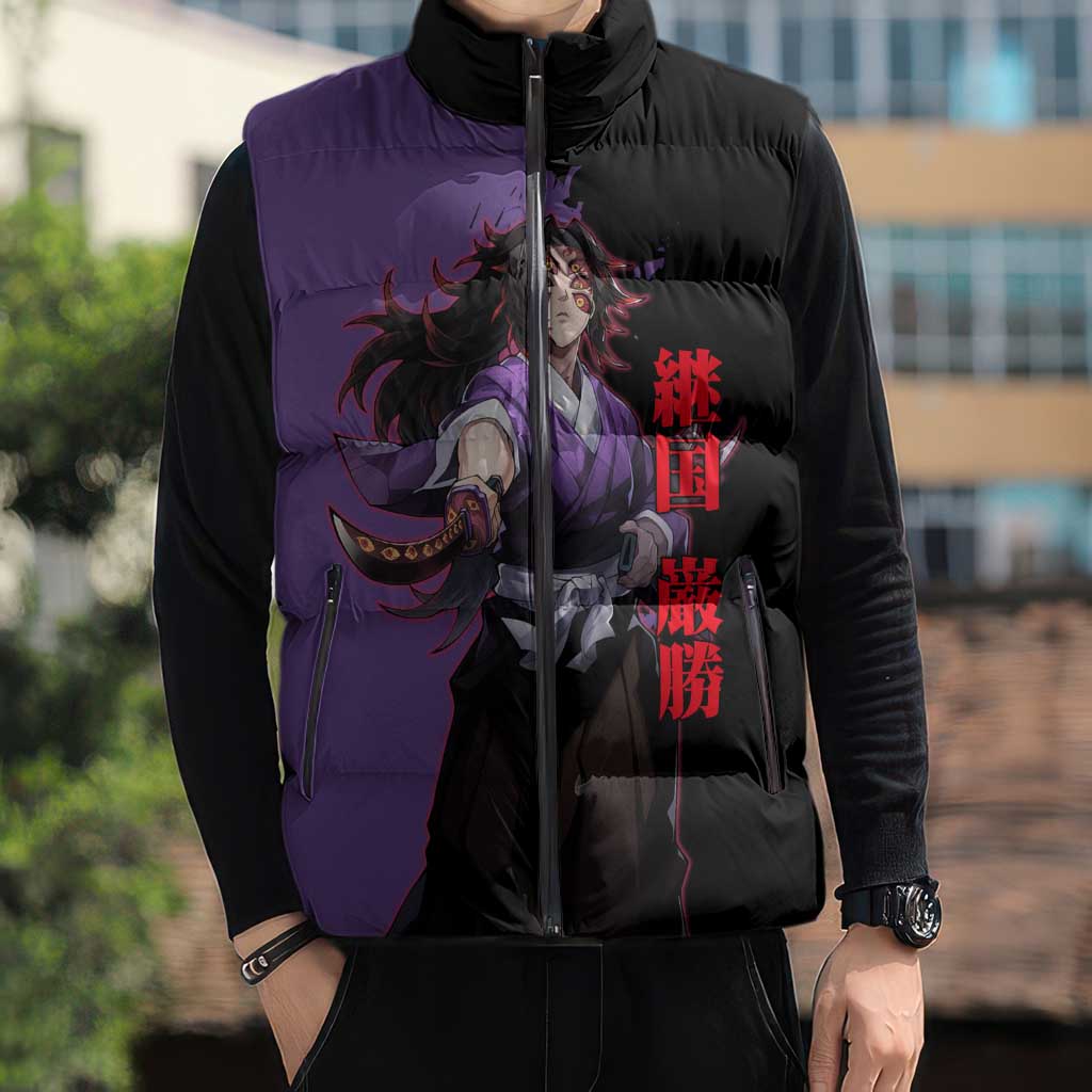 Kokushibo from Demon Slayer Sleeveless Puffer Jacket with Purple and Black Split Background and Sword Draw Manga Style Design - The Mazicc