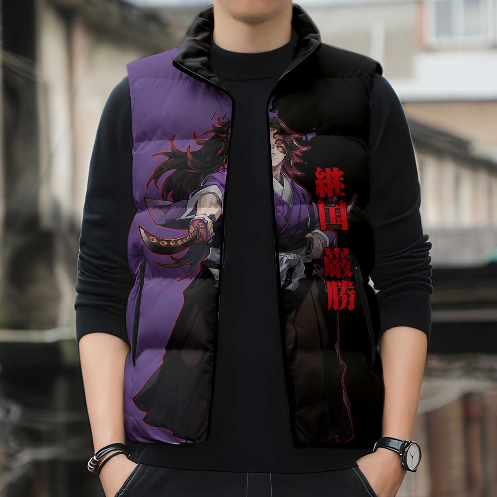 Kokushibo from Demon Slayer Sleeveless Puffer Jacket with Purple and Black Split Background and Sword Draw Manga Style Design - The Mazicc