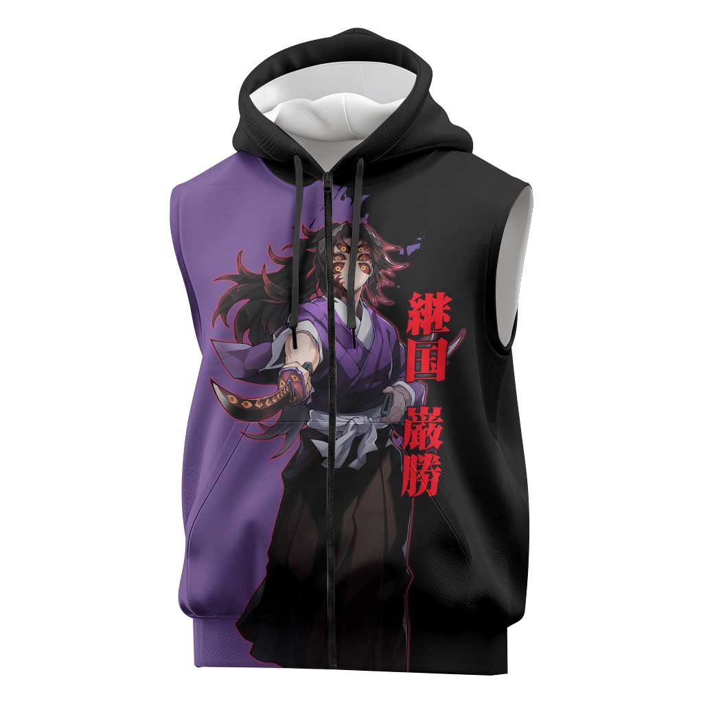 Kokushibo from Demon Slayer Sleeveless Zip Hoodie with Purple and Black Split Background and Sword Draw Manga Style Design - The Mazicc