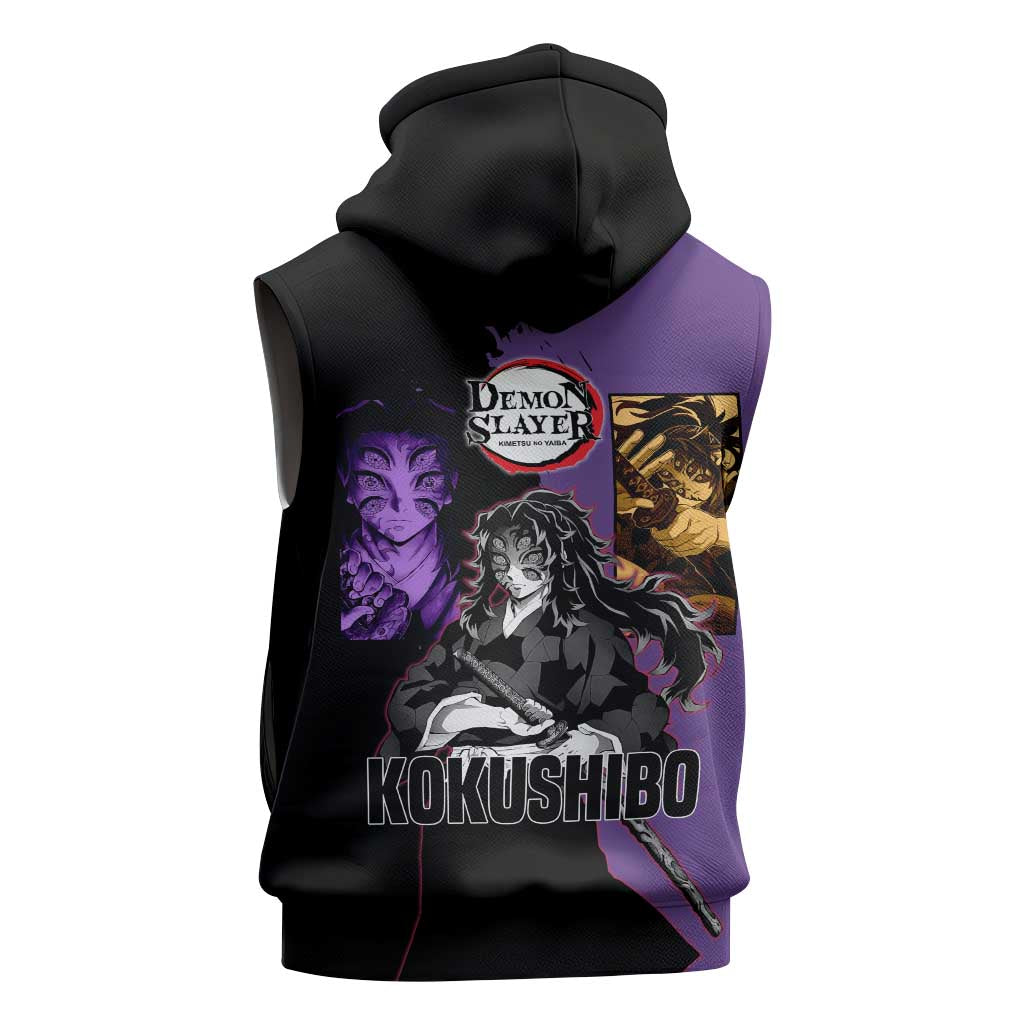 Kokushibo from Demon Slayer Sleeveless Zip Hoodie with Purple and Black Split Background and Sword Draw Manga Style Design - The Mazicc