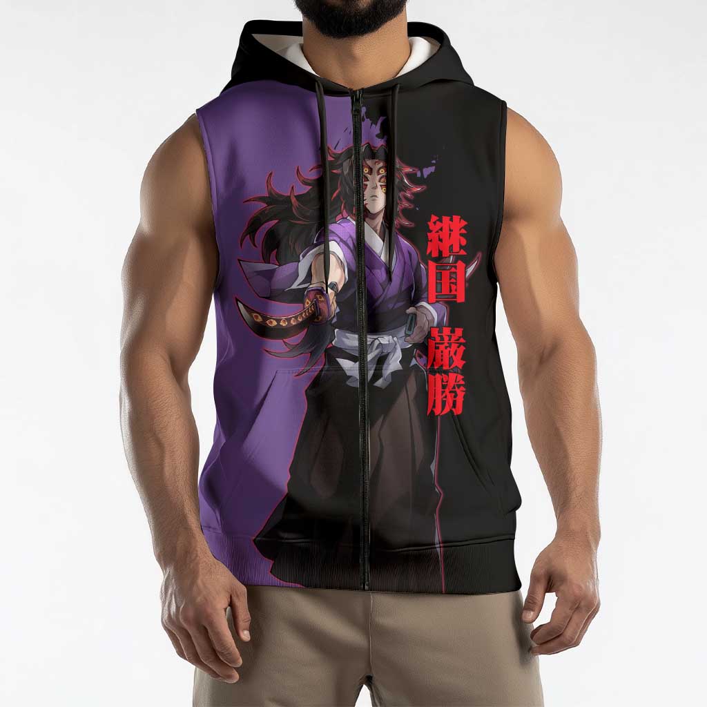 Kokushibo from Demon Slayer Sleeveless Zip Hoodie with Purple and Black Split Background and Sword Draw Manga Style Design - The Mazicc