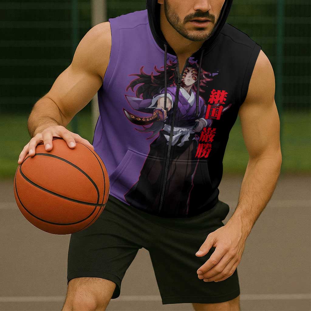 Kokushibo from Demon Slayer Sleeveless Zip Hoodie with Purple and Black Split Background and Sword Draw Manga Style Design - The Mazicc