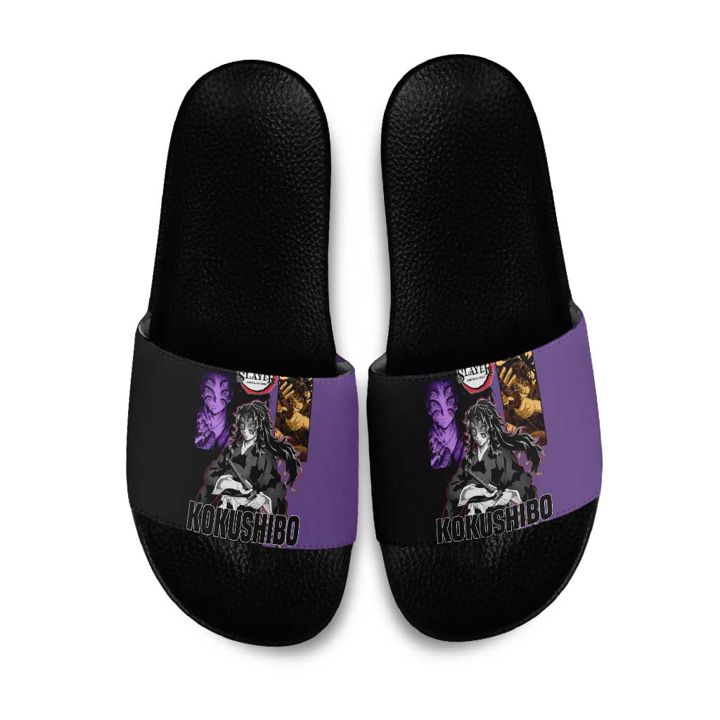 Kokushibo from Demon Slayer Slide Sandals with Purple and Black Split Background and Sword Draw Manga Style Design - The Mazicc