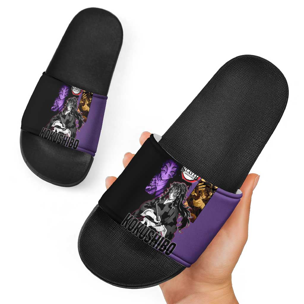 Kokushibo from Demon Slayer Slide Sandals with Purple and Black Split Background and Sword Draw Manga Style Design - The Mazicc