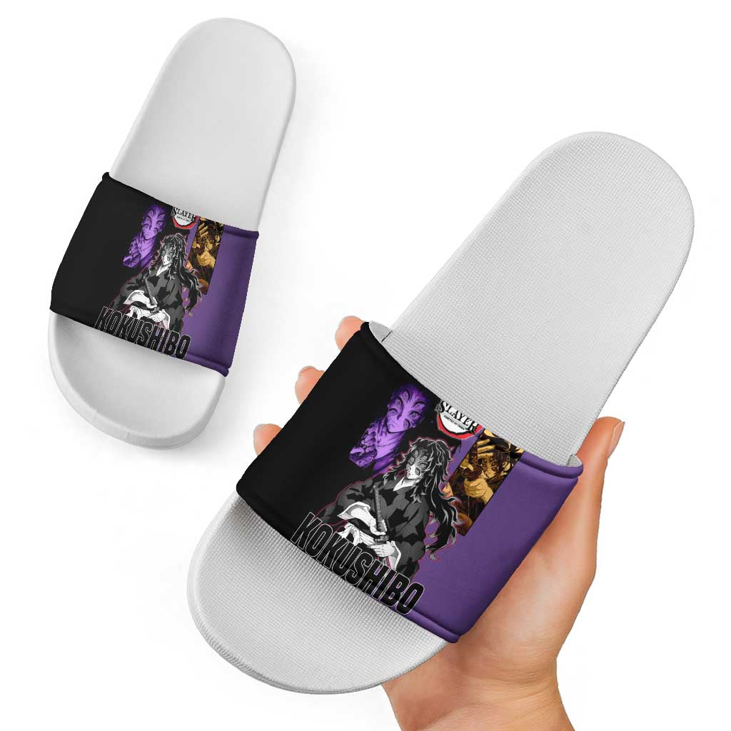 Kokushibo from Demon Slayer Slide Sandals with Purple and Black Split Background and Sword Draw Manga Style Design - The Mazicc
