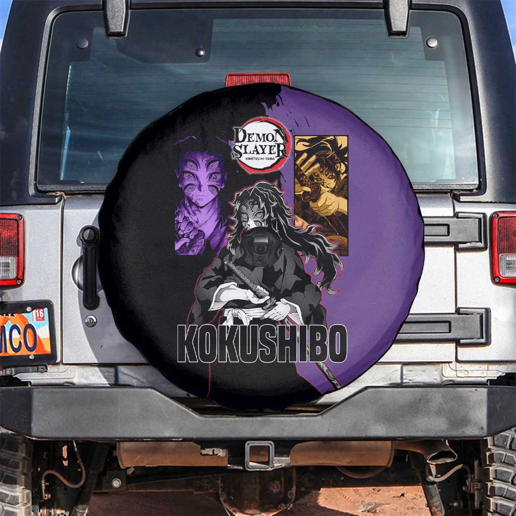 Kokushibo from Demon Slayer Spare Tire Cover with Purple and Black Split Background and Sword Draw Manga Style Design - The Mazicc