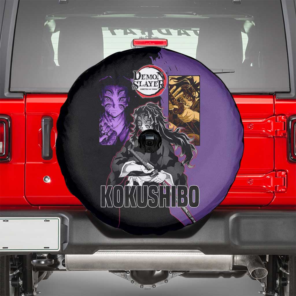 Kokushibo from Demon Slayer Spare Tire Cover with Purple and Black Split Background and Sword Draw Manga Style Design - The Mazicc