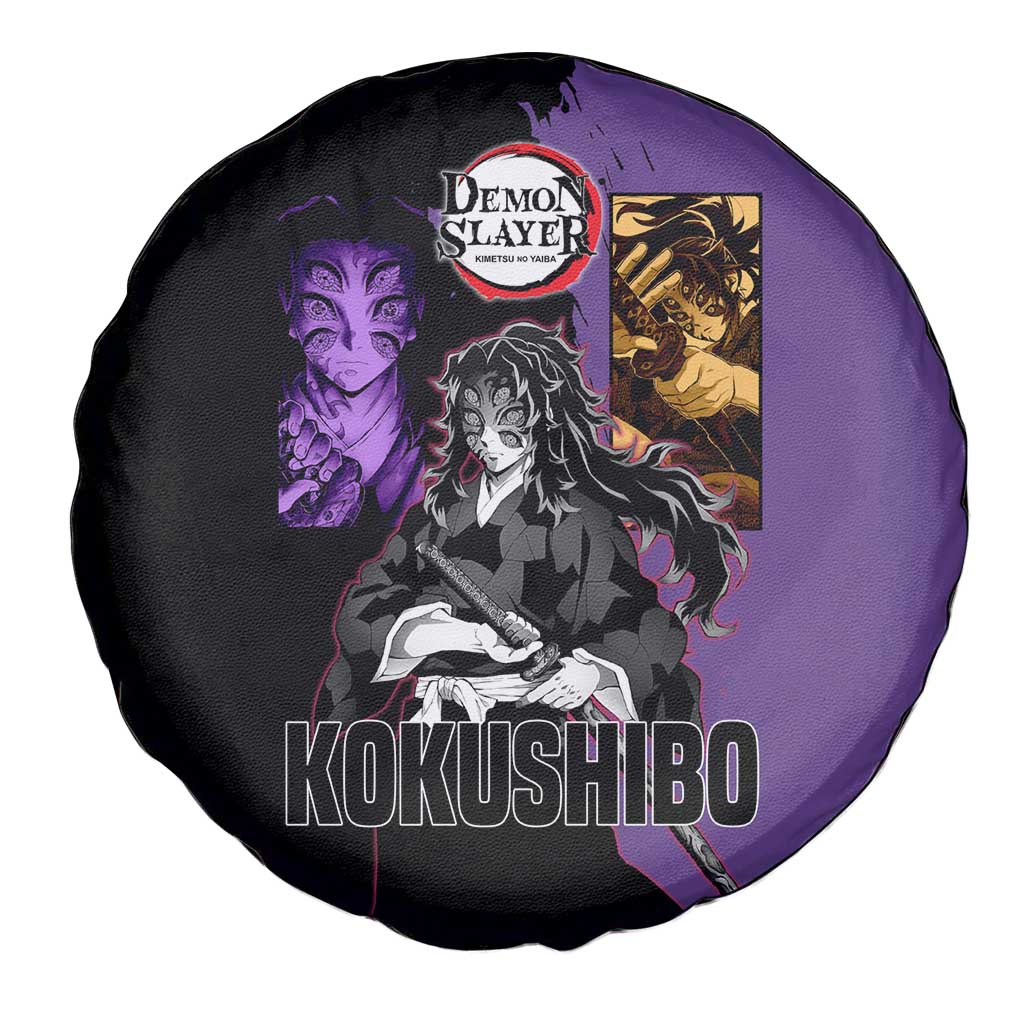 Kokushibo from Demon Slayer Spare Tire Cover with Purple and Black Split Background and Sword Draw Manga Style Design - The Mazicc