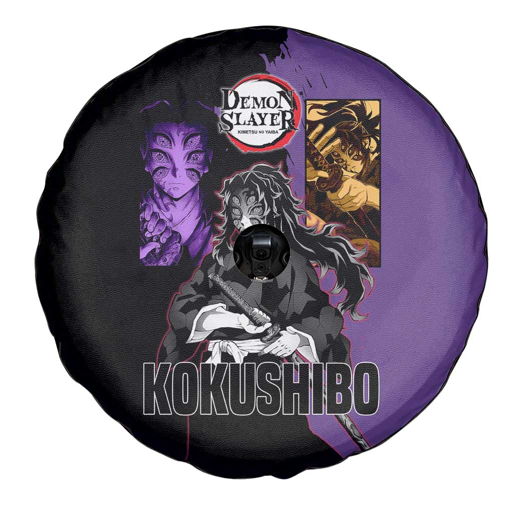 Kokushibo from Demon Slayer Spare Tire Cover with Purple and Black Split Background and Sword Draw Manga Style Design - The Mazicc