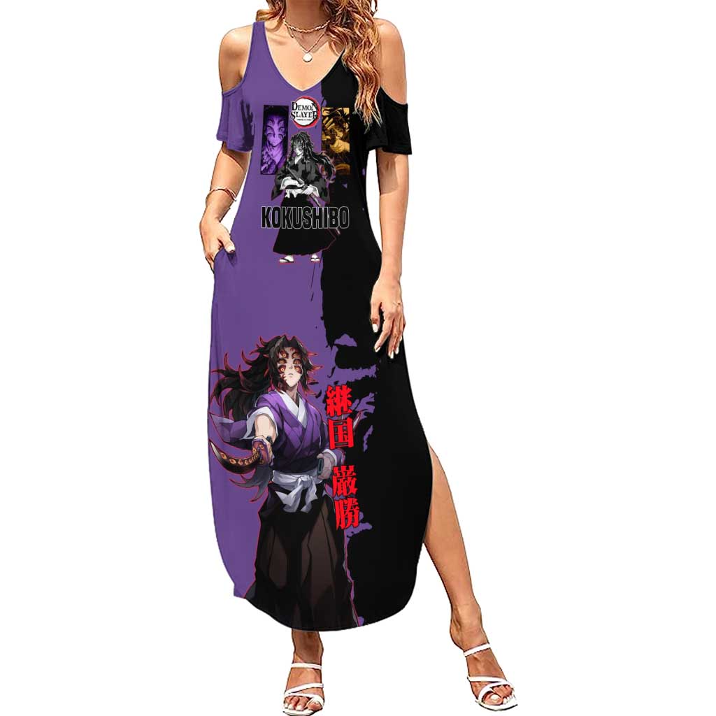 Kokushibo from Demon Slayer Summer Maxi Dress with Purple and Black Split Background and Sword Draw Manga Style Design - The Mazicc