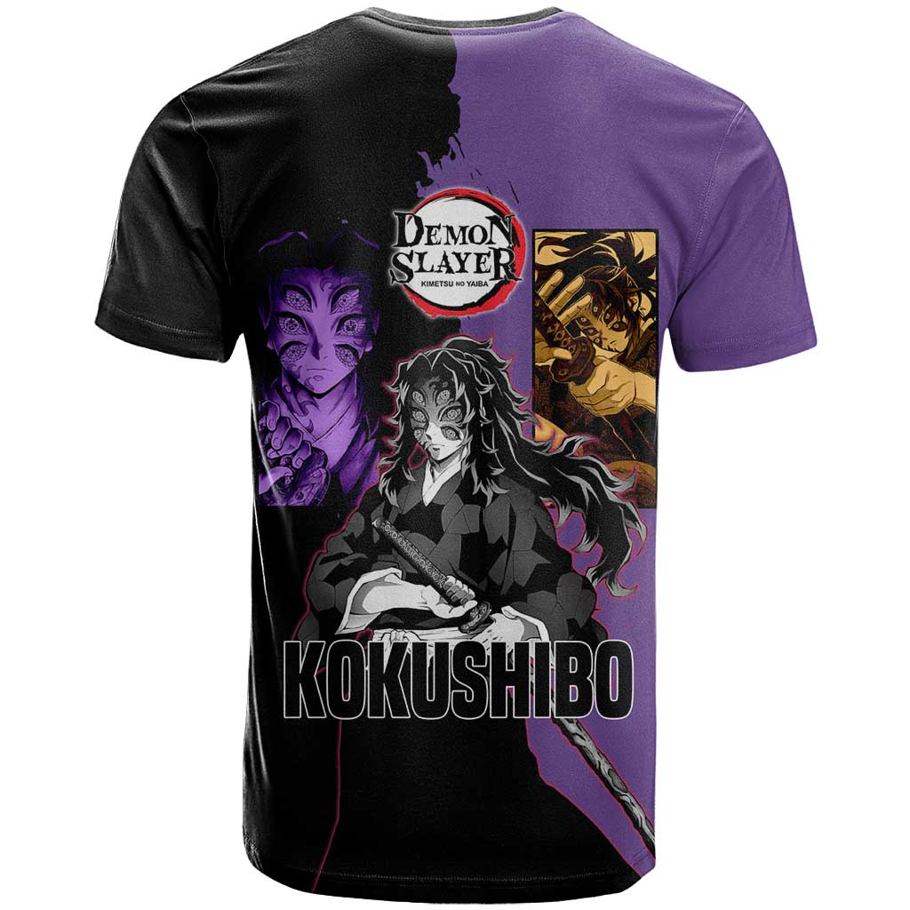 Kokushibo from Demon Slayer T Shirt with Purple and Black Split Background and Sword Draw Manga Style Design - The Mazicc