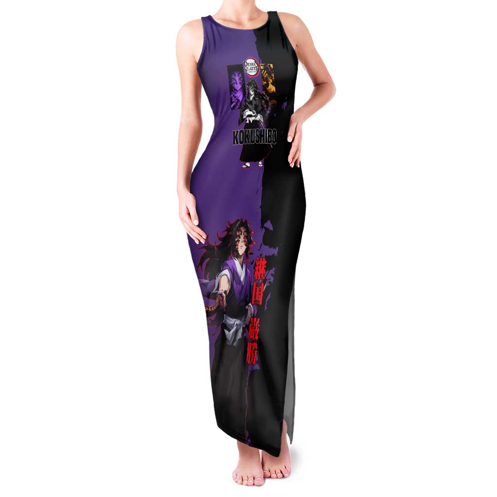 Kokushibo from Demon Slayer Tank Maxi Dress with Purple and Black Split Background and Sword Draw Manga Style Design - The Mazicc