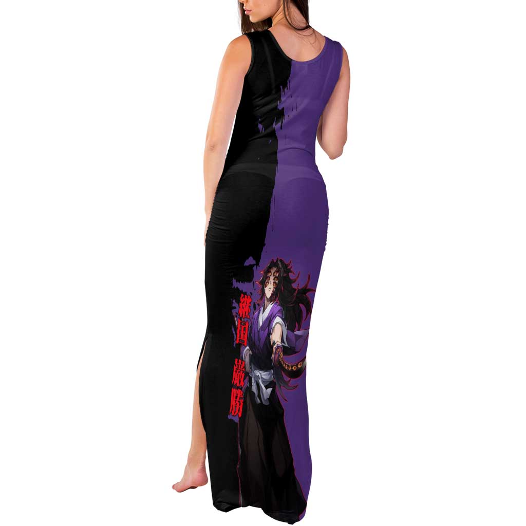 Kokushibo from Demon Slayer Tank Maxi Dress with Purple and Black Split Background and Sword Draw Manga Style Design - The Mazicc