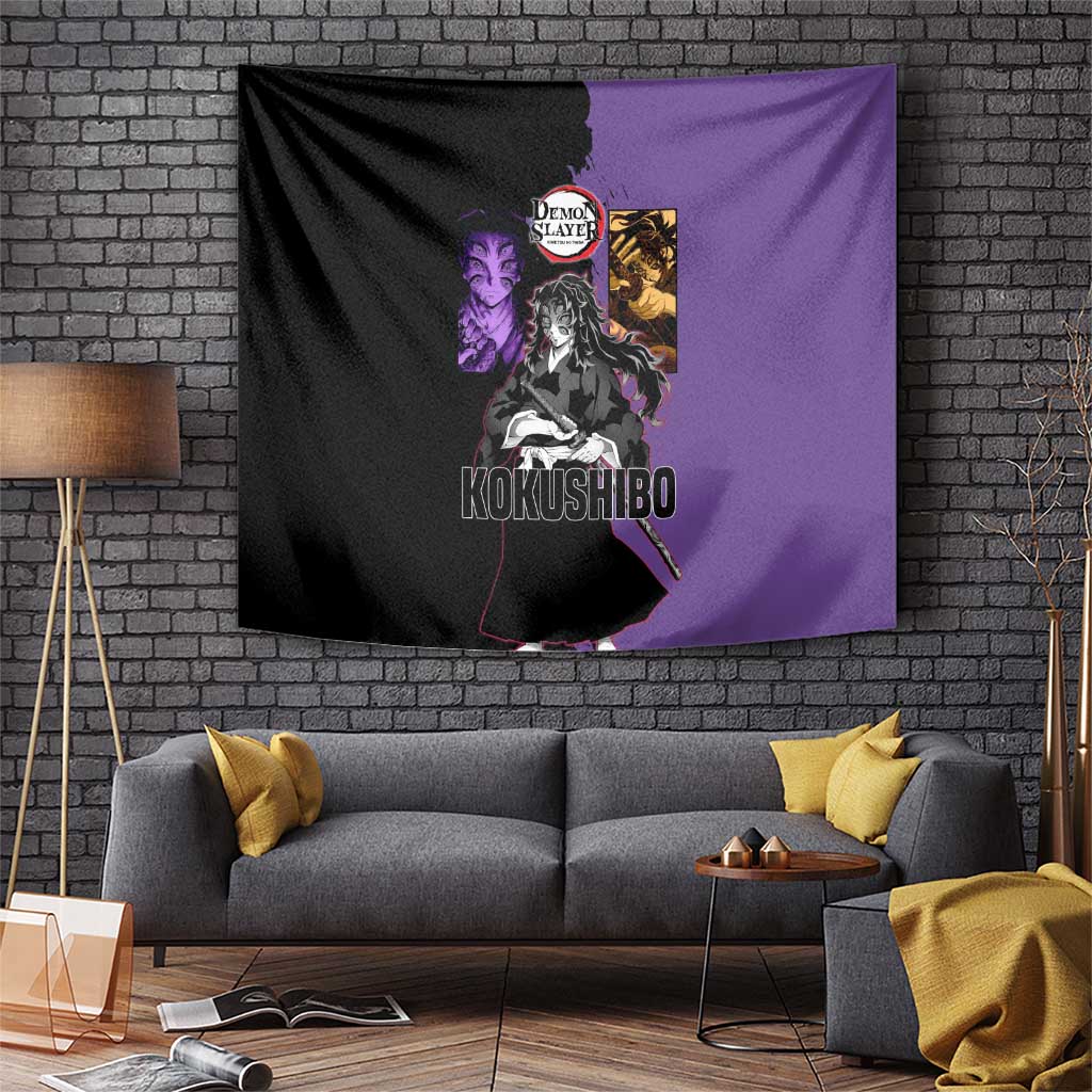Kokushibo from Demon Slayer Tapestry with Purple and Black Split Background and Sword Draw Manga Style Design - The Mazicc
