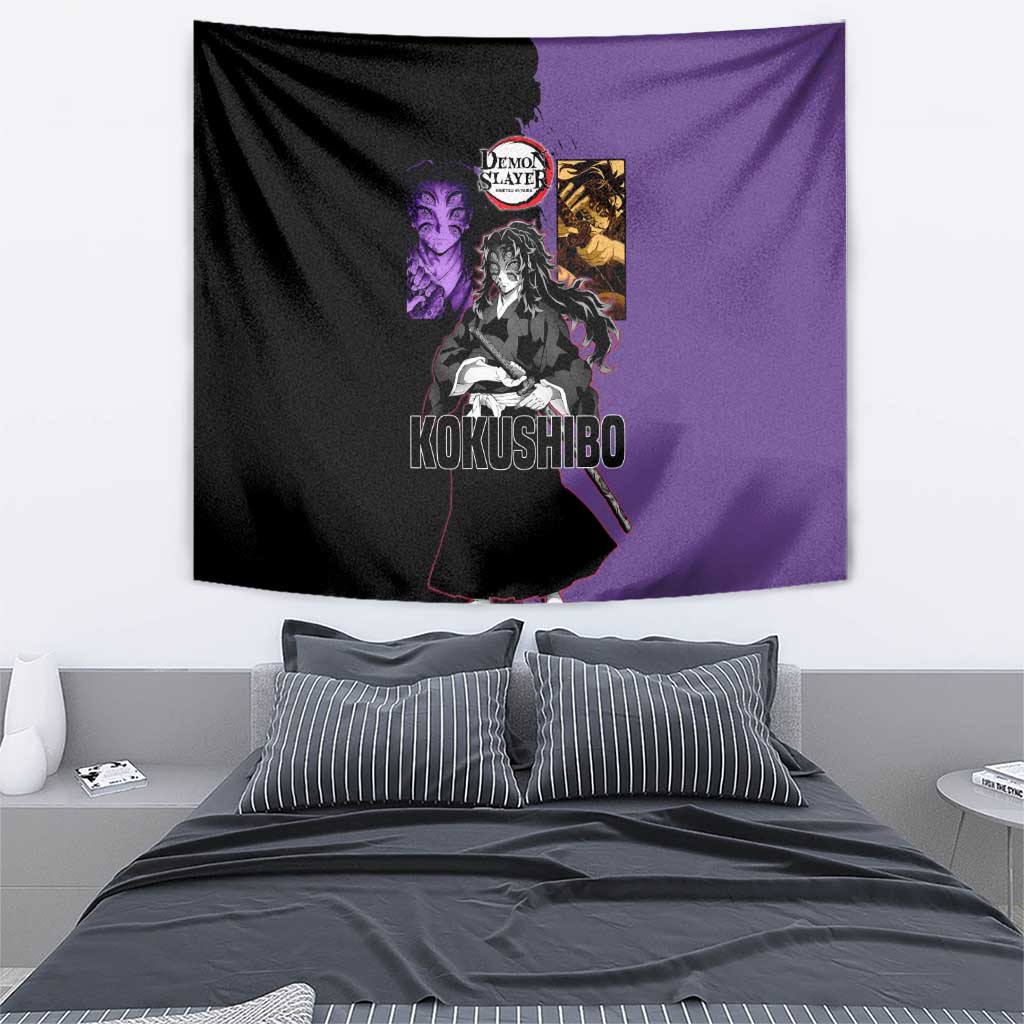 Kokushibo from Demon Slayer Tapestry with Purple and Black Split Background and Sword Draw Manga Style Design - The Mazicc