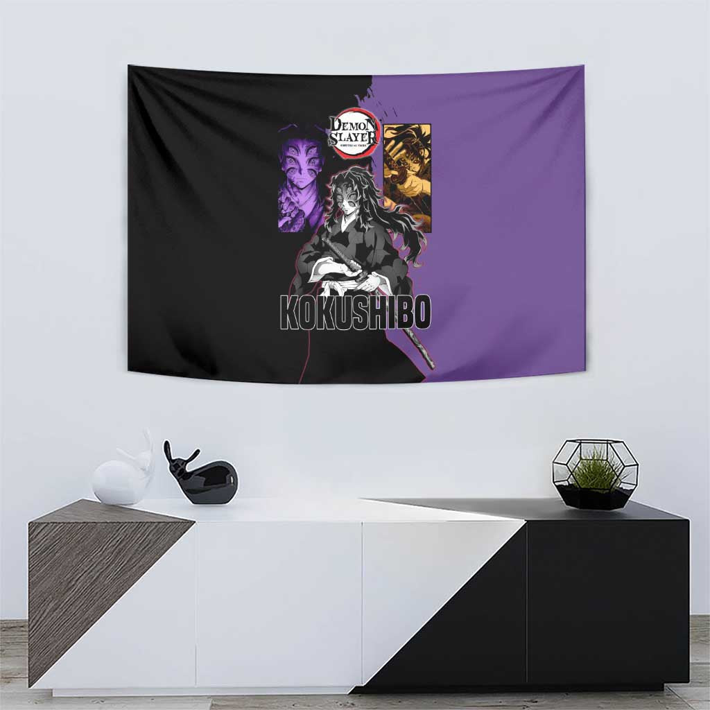 Kokushibo from Demon Slayer Tapestry with Purple and Black Split Background and Sword Draw Manga Style Design - The Mazicc