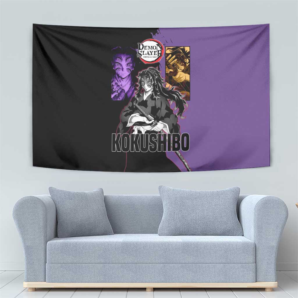Kokushibo from Demon Slayer Tapestry with Purple and Black Split Background and Sword Draw Manga Style Design - The Mazicc