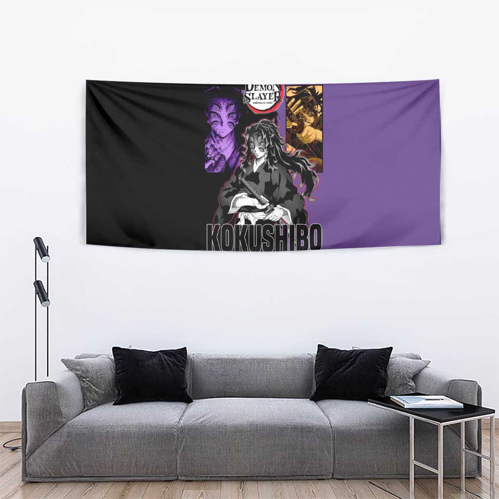 Kokushibo from Demon Slayer Tapestry with Purple and Black Split Background and Sword Draw Manga Style Design - The Mazicc