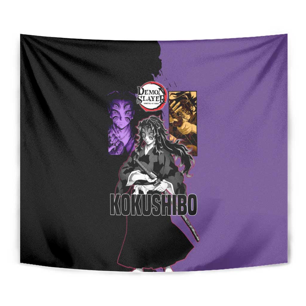Kokushibo from Demon Slayer Tapestry with Purple and Black Split Background and Sword Draw Manga Style Design - The Mazicc