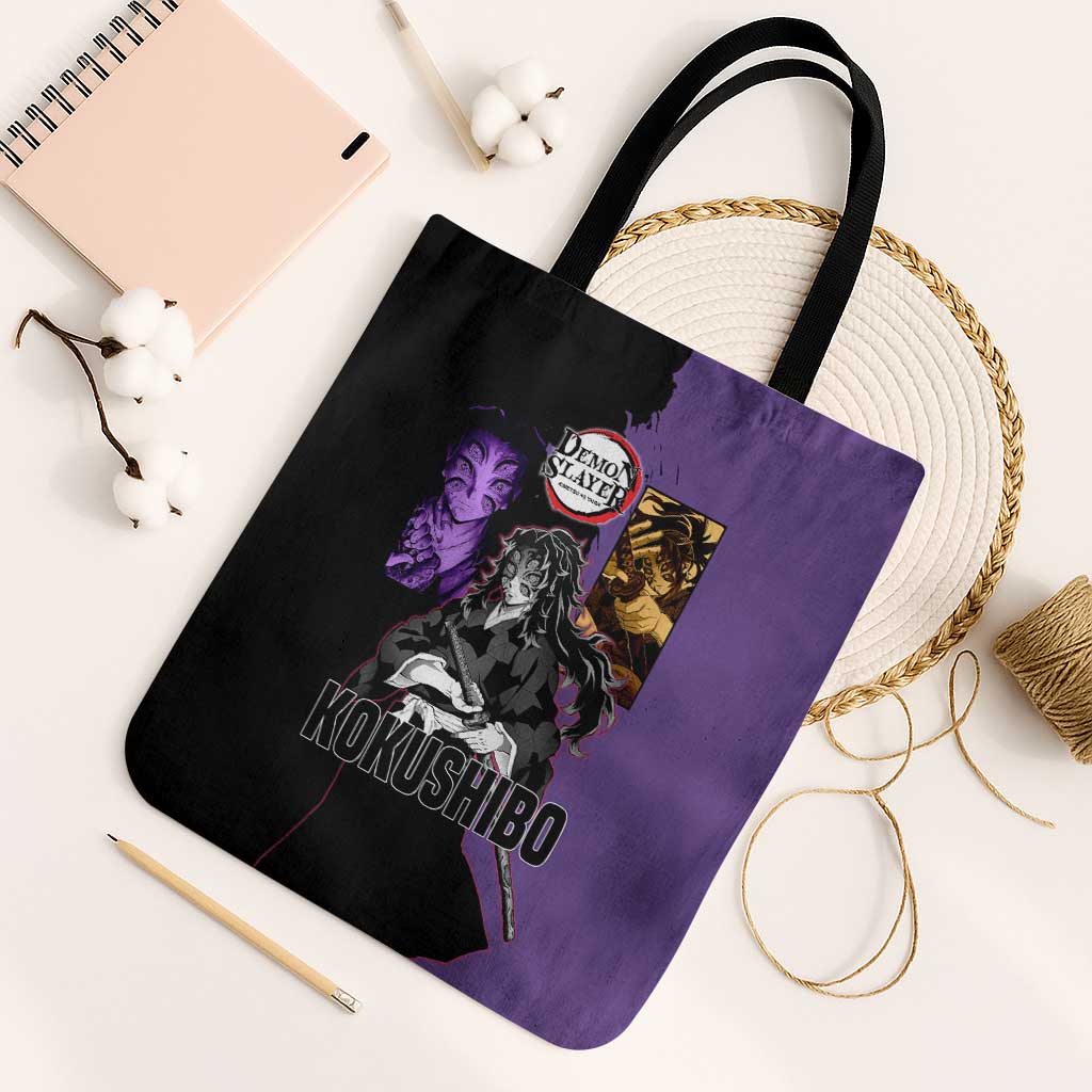Kokushibo from Demon Slayer Tote Bag with Purple and Black Split Background and Sword Draw Manga Style Design - The Mazicc