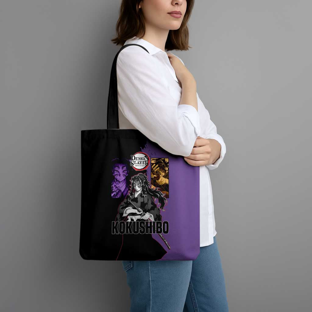 Kokushibo from Demon Slayer Tote Bag with Purple and Black Split Background and Sword Draw Manga Style Design - The Mazicc
