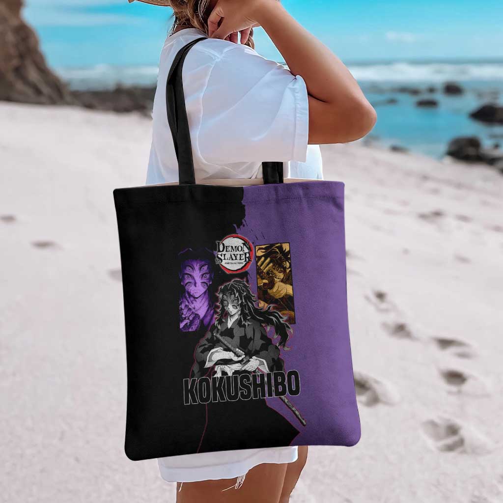 Kokushibo from Demon Slayer Tote Bag with Purple and Black Split Background and Sword Draw Manga Style Design - The Mazicc