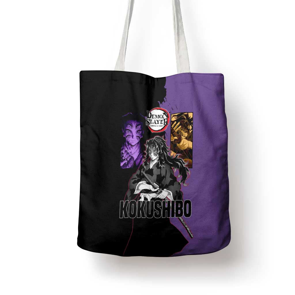 Kokushibo from Demon Slayer Tote Bag with Purple and Black Split Background and Sword Draw Manga Style Design - The Mazicc