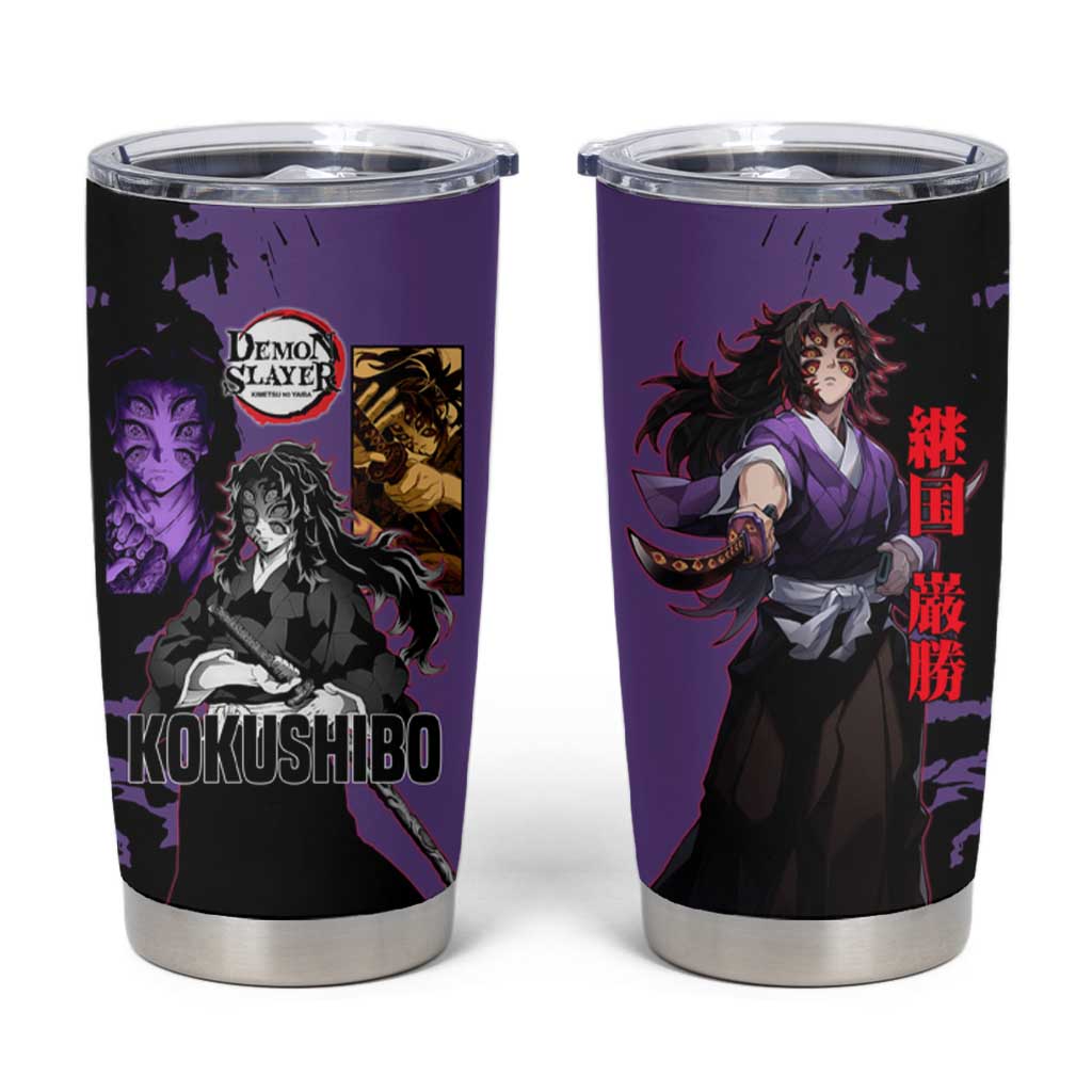 Kokushibo from Demon Slayer Tumbler Cup with Purple and Black Split Background and Sword Draw Manga Style Design - The Mazicc