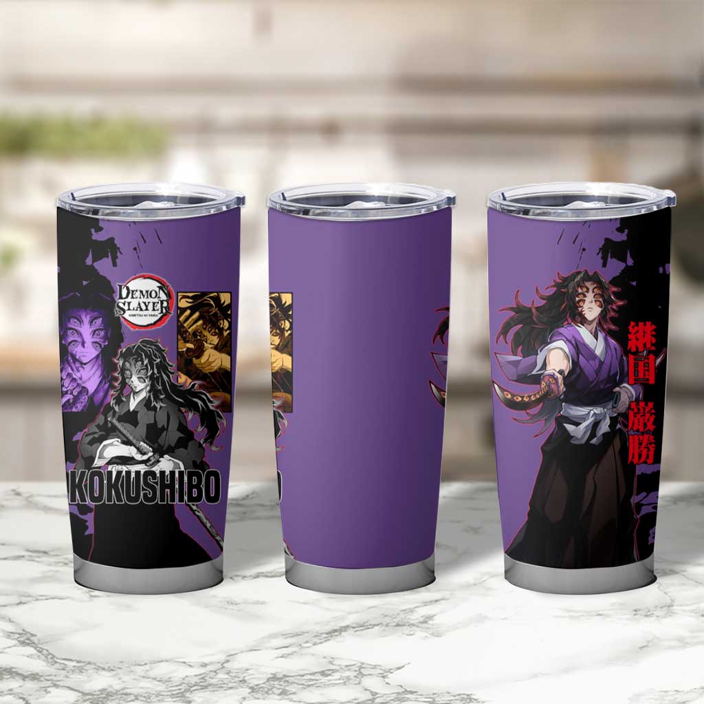 Kokushibo from Demon Slayer Tumbler Cup with Purple and Black Split Background and Sword Draw Manga Style Design - The Mazicc