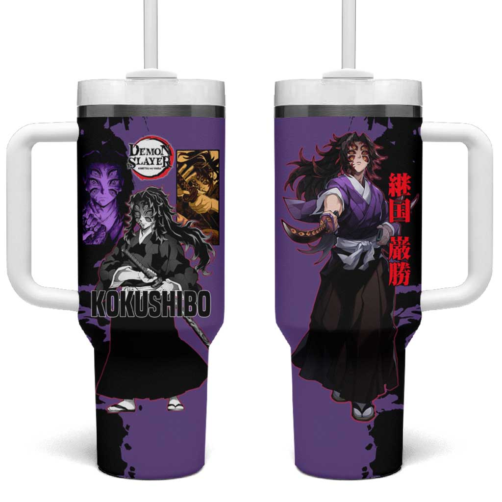 Kokushibo from Demon Slayer Tumbler With Handle with Purple and Black Split Background and Sword Draw Manga Style Design - The Mazicc
