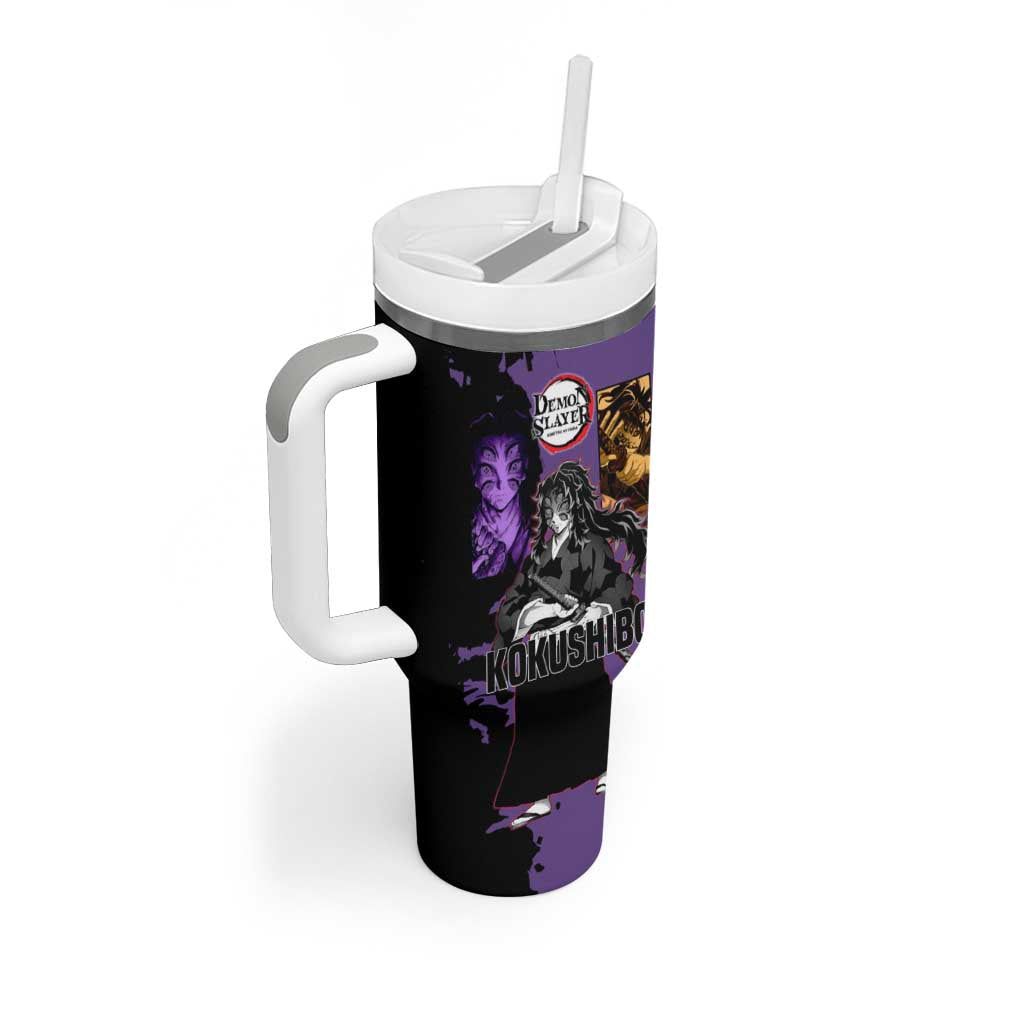 Kokushibo from Demon Slayer Tumbler With Handle with Purple and Black Split Background and Sword Draw Manga Style Design - The Mazicc