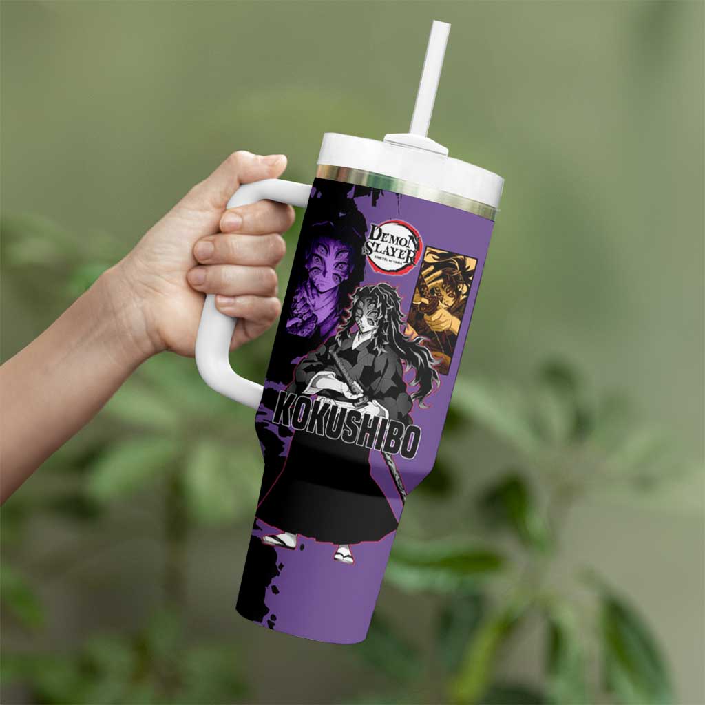 Kokushibo from Demon Slayer Tumbler With Handle with Purple and Black Split Background and Sword Draw Manga Style Design - The Mazicc