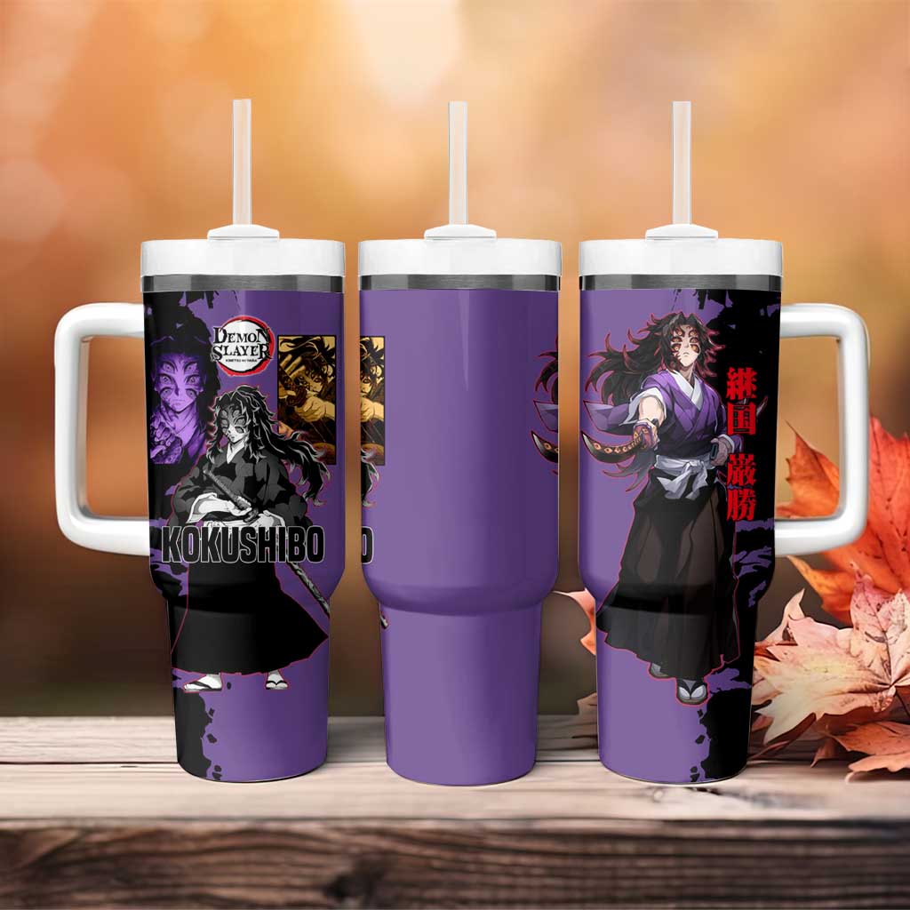 Kokushibo from Demon Slayer Tumbler With Handle with Purple and Black Split Background and Sword Draw Manga Style Design - The Mazicc