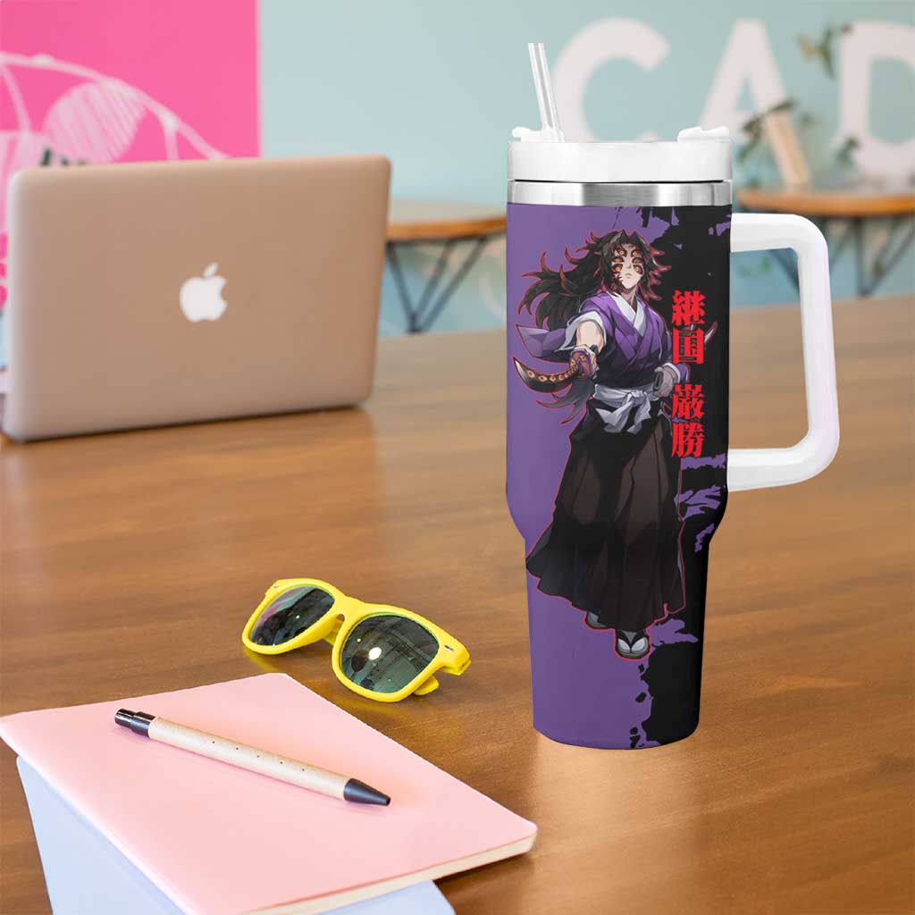 Kokushibo from Demon Slayer Tumbler With Handle with Purple and Black Split Background and Sword Draw Manga Style Design - The Mazicc