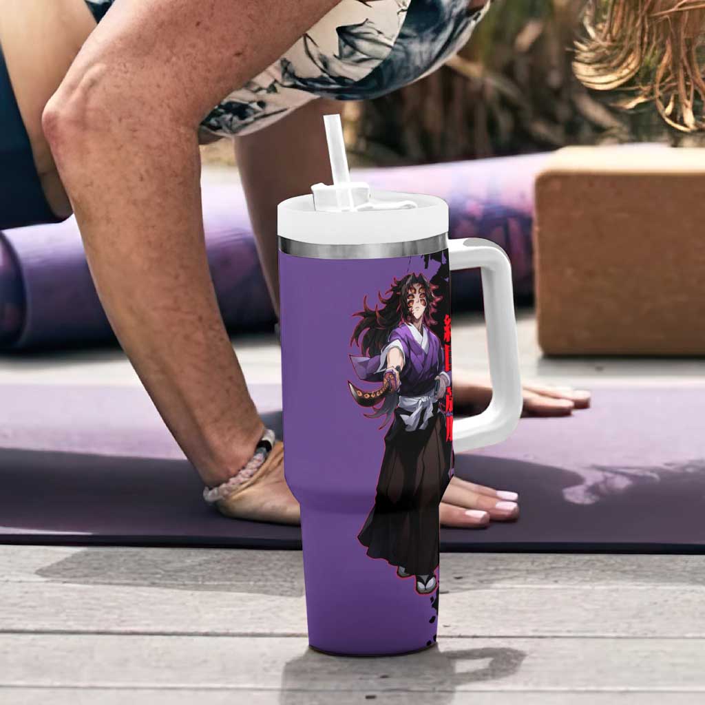 Kokushibo from Demon Slayer Tumbler With Handle with Purple and Black Split Background and Sword Draw Manga Style Design - The Mazicc