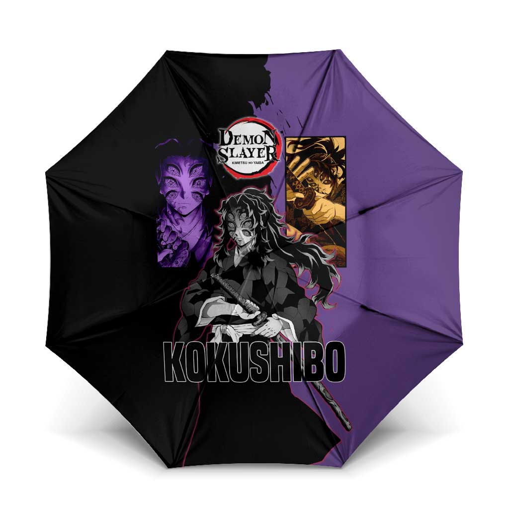 Kokushibo from Demon Slayer Umbrella with Purple and Black Split Background and Sword Draw Manga Style Design - The Mazicc