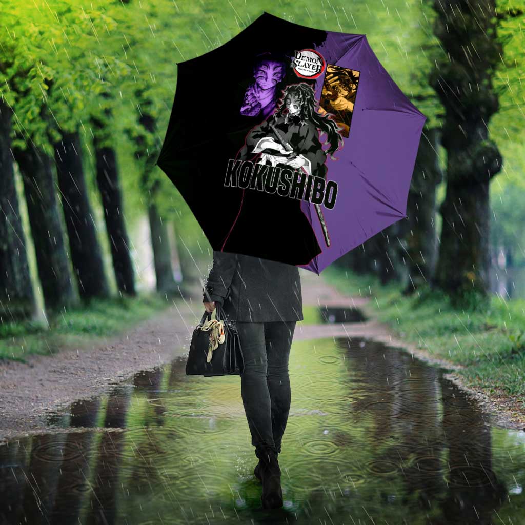 Kokushibo from Demon Slayer Umbrella with Purple and Black Split Background and Sword Draw Manga Style Design - The Mazicc