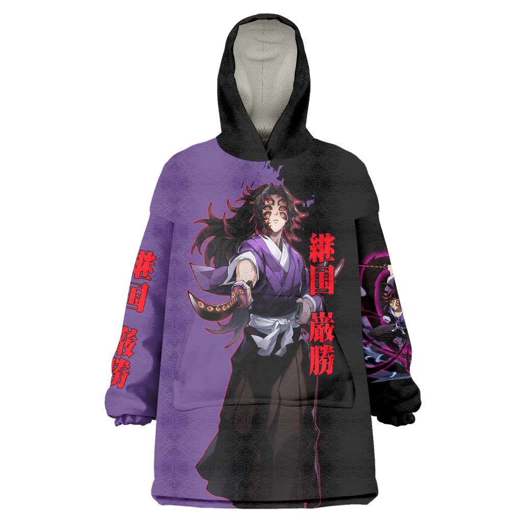 Kokushibo from Demon Slayer Wearable Blanket Hoodie with Purple and Black Split Background and Sword Draw Manga Style Design - The Mazicc